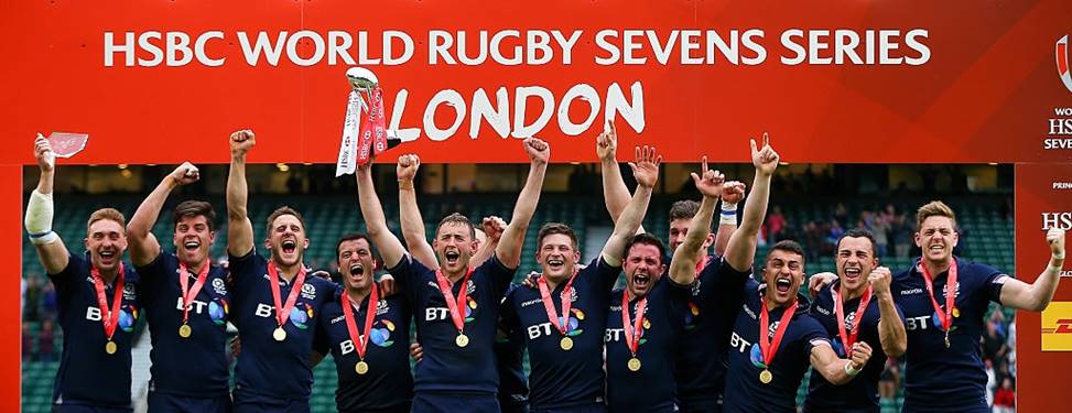 Scotland lift the trophy after winning the Cup Final match between Scotland and South Africa during day two of the HSBC London Sevens at Twickenham Stadium on May 22, 2016 in London, United Kingdom.