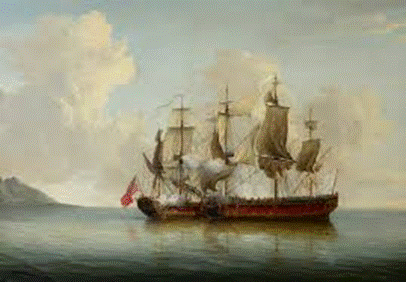 A painting of a ship in the water

Description automatically generated