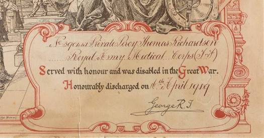King's discharge certificate to PT Richardson from the First World War.