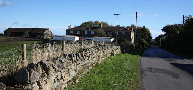 A stone wall along a road

Description automatically generated