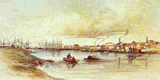 A painting of a river with boats and buildings

Description automatically generated