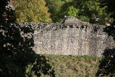 A stone wall with trees in the background

Description automatically generated