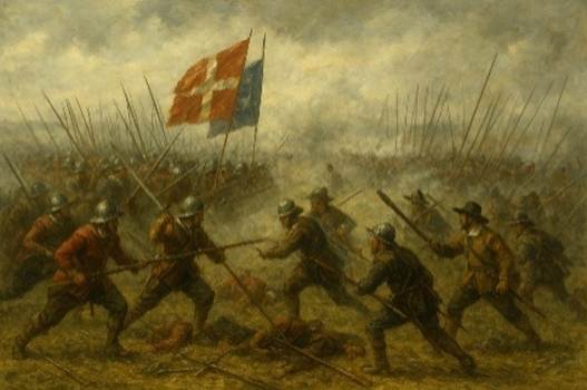 A painting of soldiers marching in a battle

AI-generated content may be incorrect.