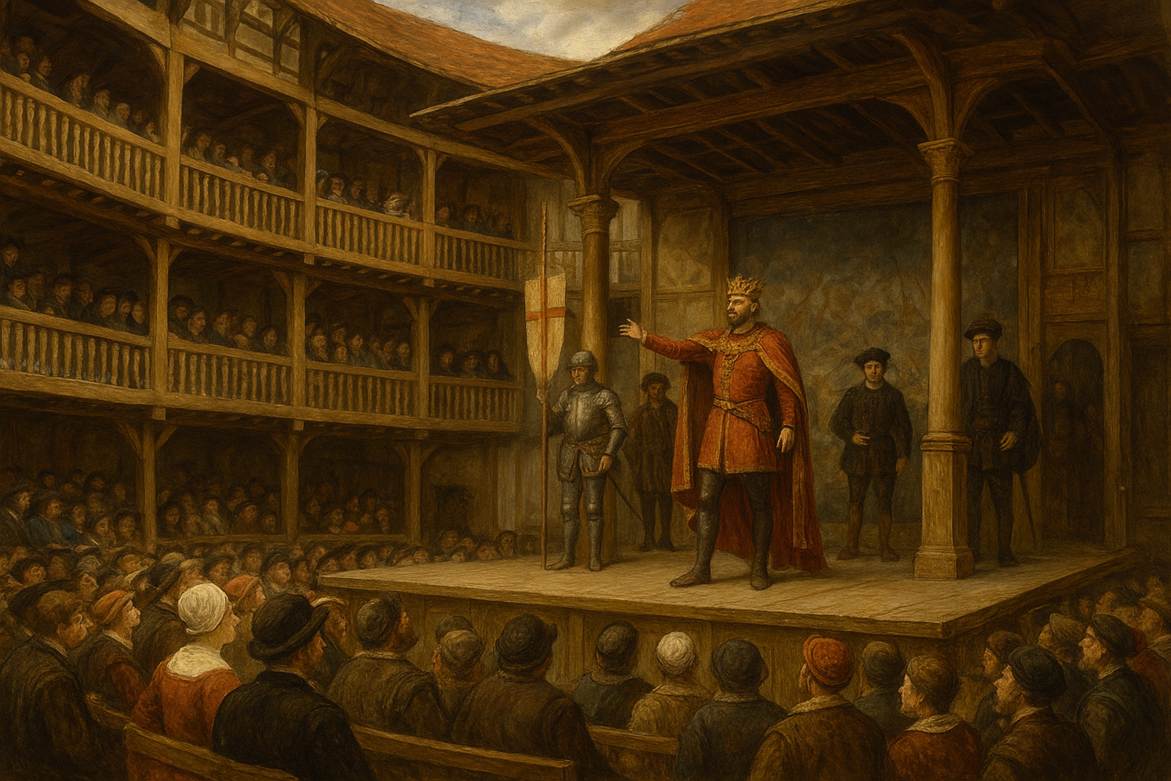 A painting of a person in a red cape on a stage with a crowd of people
AI-generated content may be incorrect.