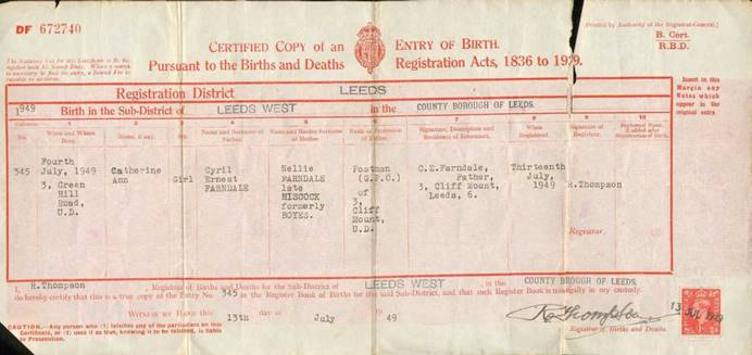 Catherine's birth certificate