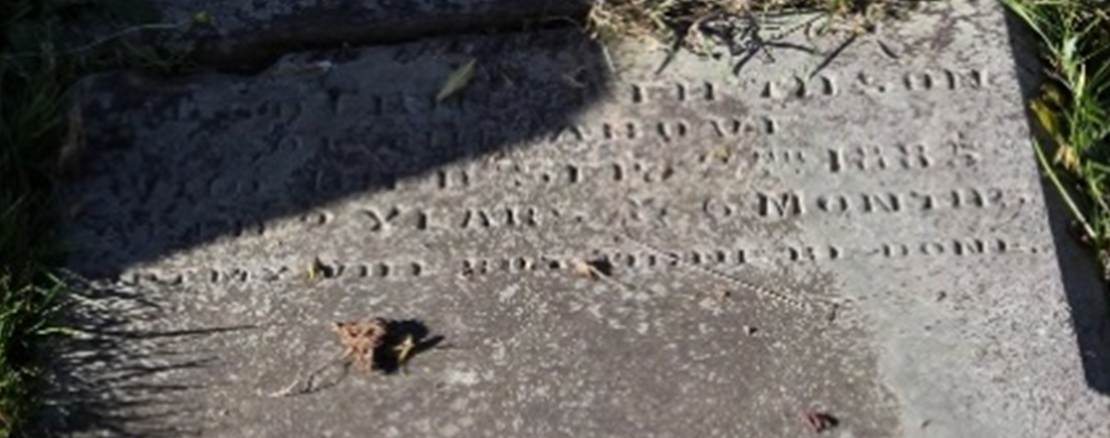 A tombstone in the grass

Description automatically generated