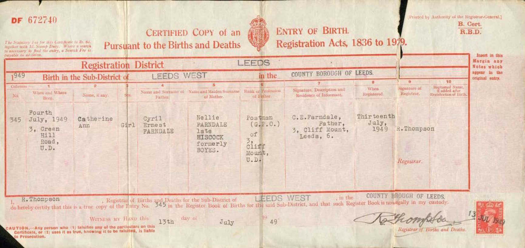 Catherine's birth certificate