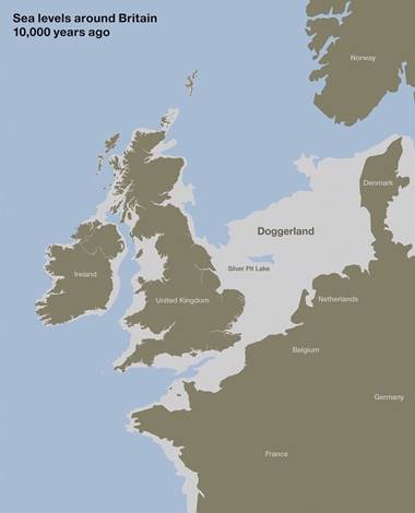Map showing sea levels around Britain 10,000 years ago.