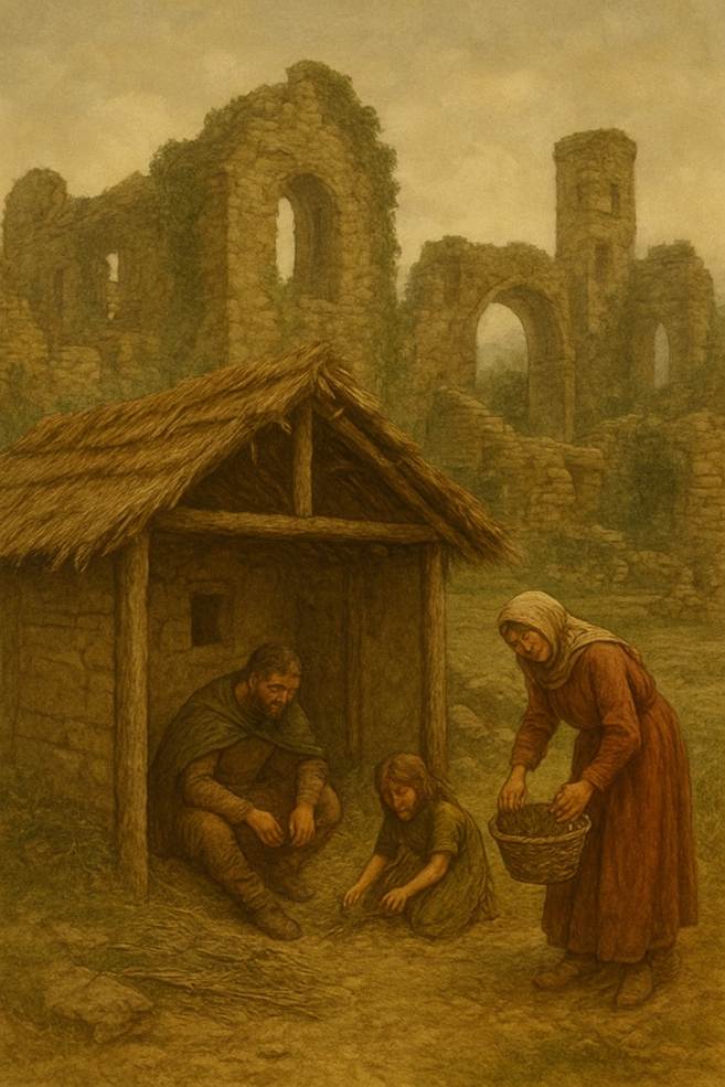 A painting of a family in front of a ruined building

AI-generated content may be incorrect.