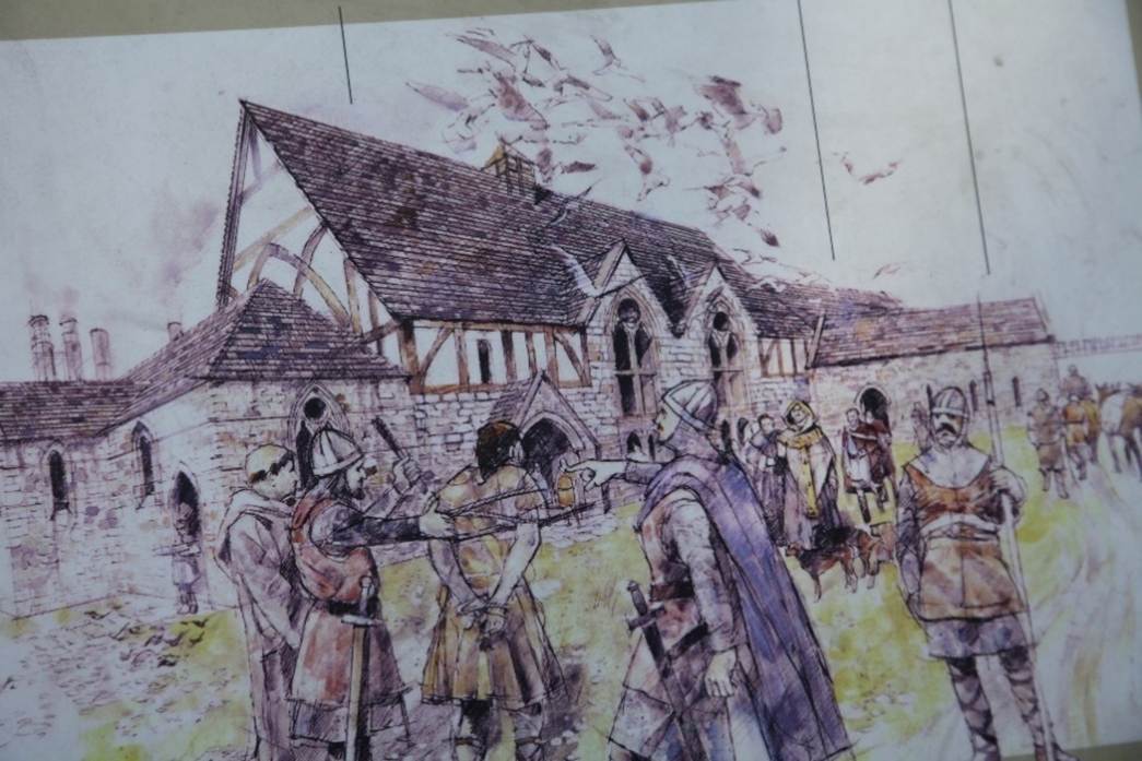 A painting of people in front of a building

Description automatically generated