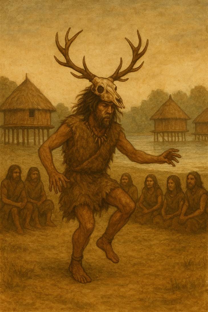 A person with antlers and a deer skull on his head

AI-generated content may be incorrect.
