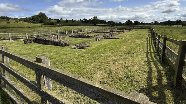 A grass field with a fence and a stone wall

AI-generated content may be incorrect.