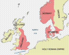 A map of north-western Europe in which Cnut's dominions are depicted in red; there is red over what is now England, Denmark and Norway, the Lothian and Borders region of modern Scotland, as well as a substantial amount of modern Sweden
