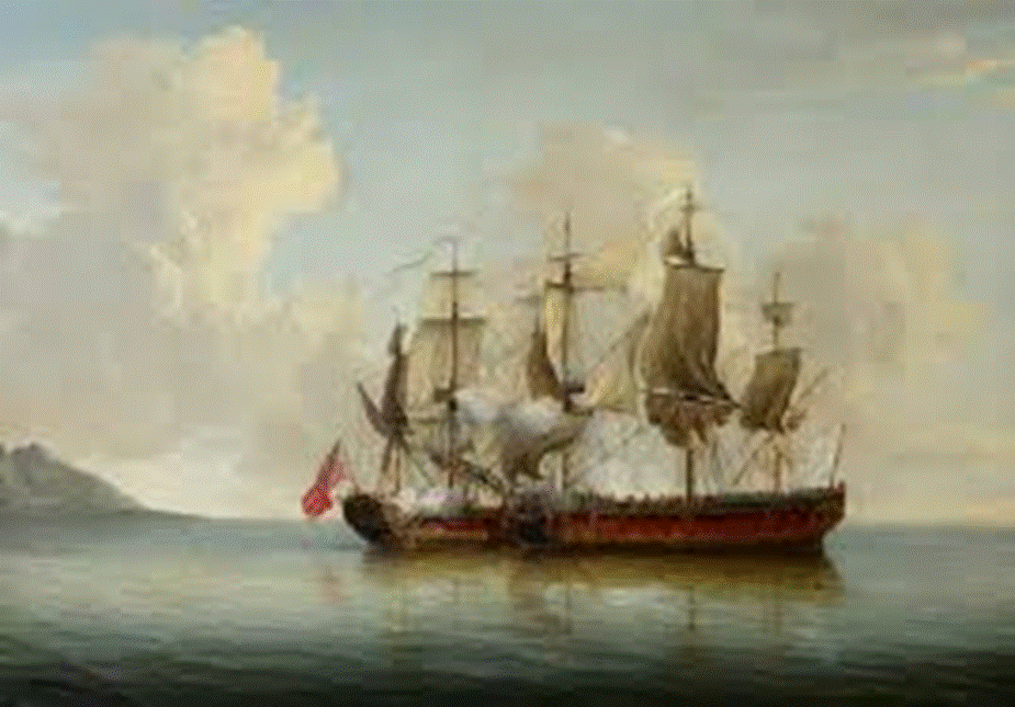 A painting of a ship in the water
Description automatically generated