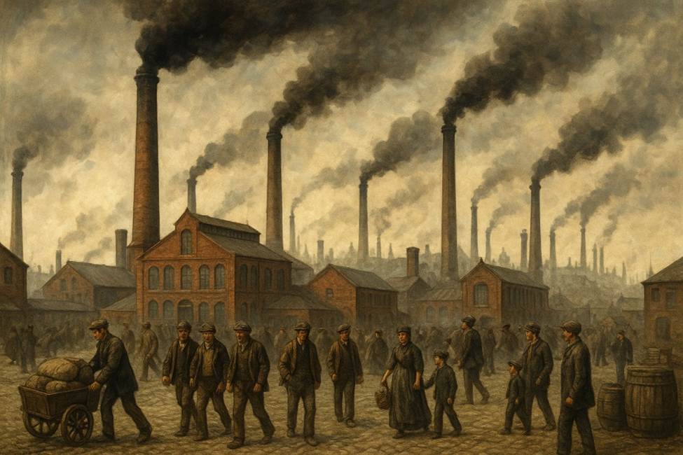 A group of people walking in front of smoke stacks
AI-generated content may be incorrect.